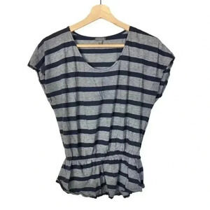 Lilla P Blue Stripe Elastic Peplum Waist Short Sleeve Top S